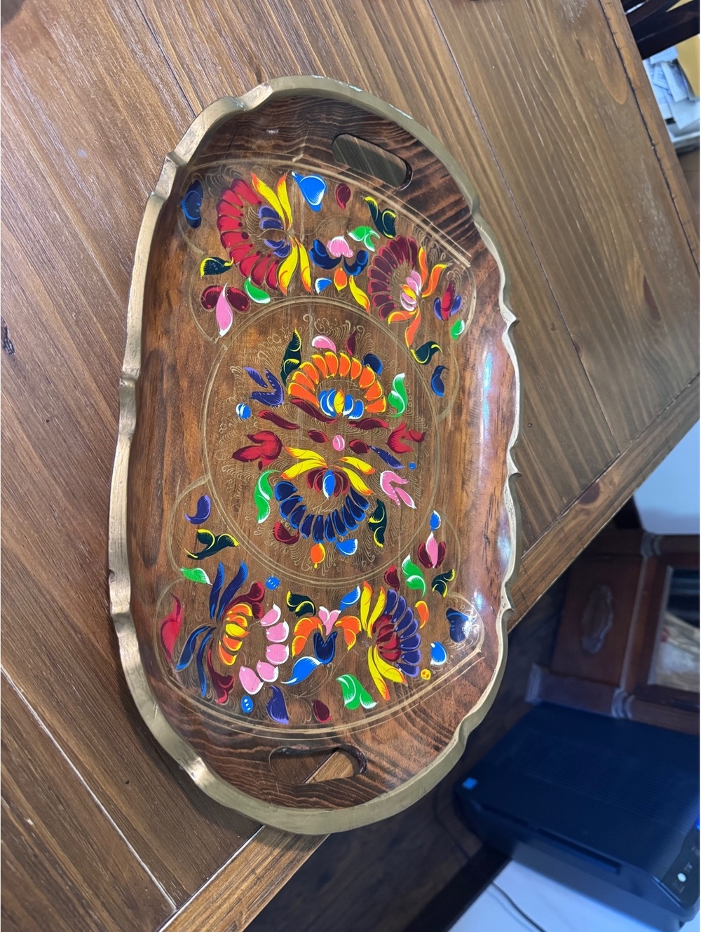 Vintage Hand Painted Wood Serving Tray Floral Folk Art 17” Scalloped Gold Rim